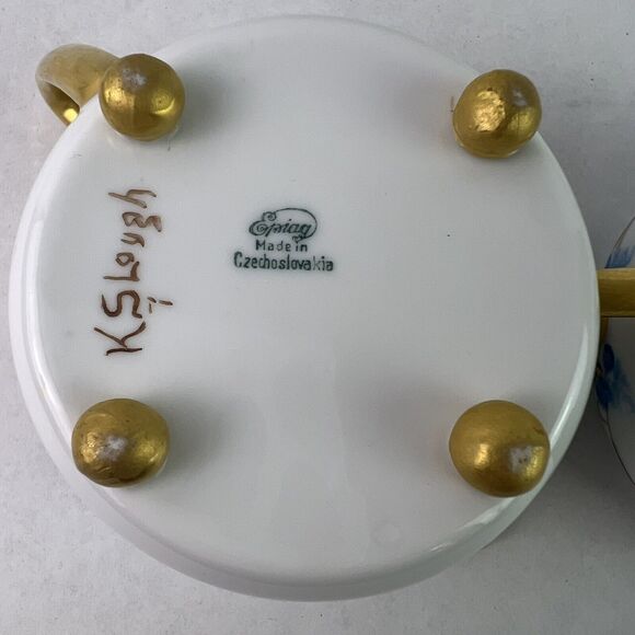 Vintage Epiag Czechoslovakia Footed Cream and Sugar Bowl Blue With Daisies - Picture 13 of 13